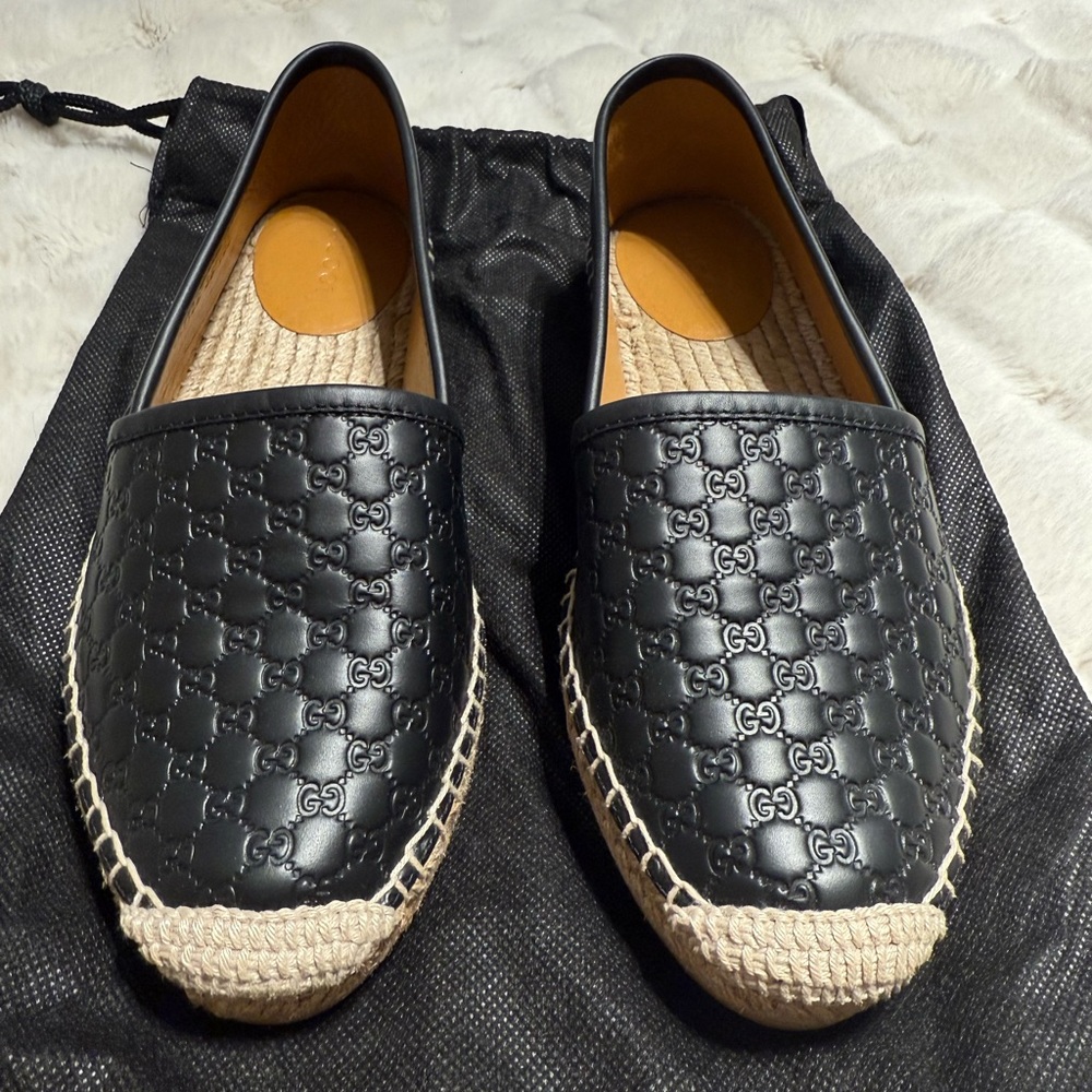 Gucci Black GG Embossed Leather Espadrille Slip-On Loafers